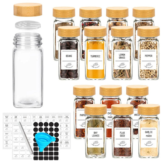12Pcs Glass Spice Jars with Bamboo Lids – Kitchen Spice Jar Set with Minimalist Labels and Collapsible Funnel