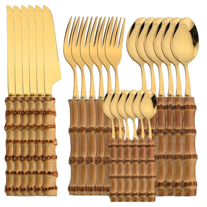 24PCS Bamboo Cutlery Set, Stainless Steel Flatware with Natural Bamboo Handles for Dinner & Steak