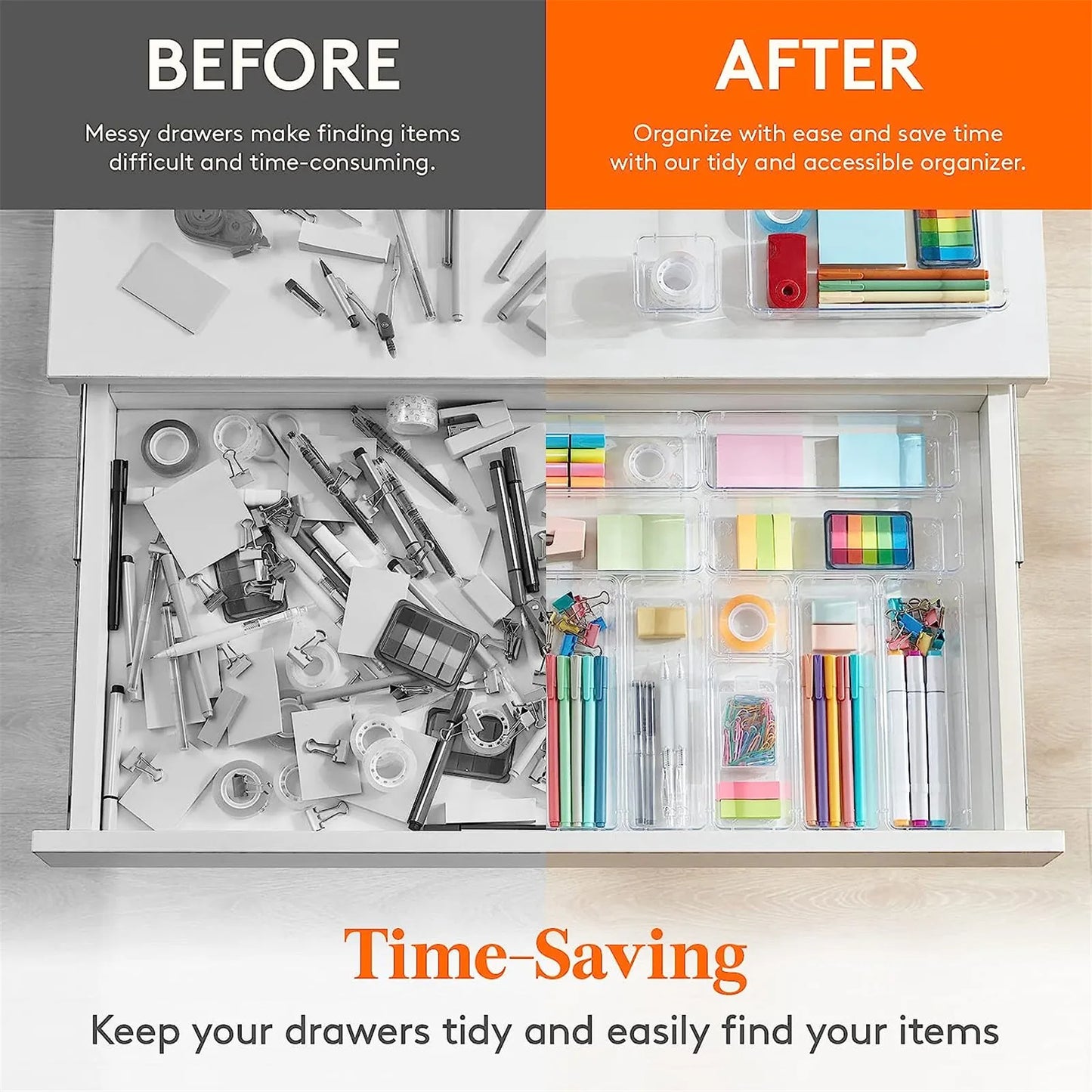 Drawer Organizers Set, Clear Plastic Desk Dividers & Storage Bins for Bedroom Dresser, Office, Makeup, Jewelry & Gadgets