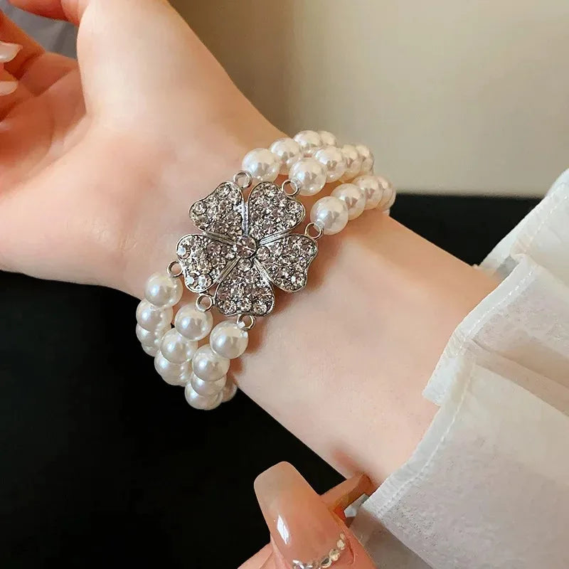 Flower Party Jewelry Set for Women with Imitation Pearl Multi-Layer Necklace, Rhinestone Bracelet and Earrings, French Luxury Shiny Accessory Set for Weddings and Events