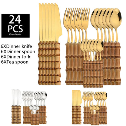 24PCS Bamboo Cutlery Set, Stainless Steel Flatware with Natural Bamboo Handles for Dinner & Steak