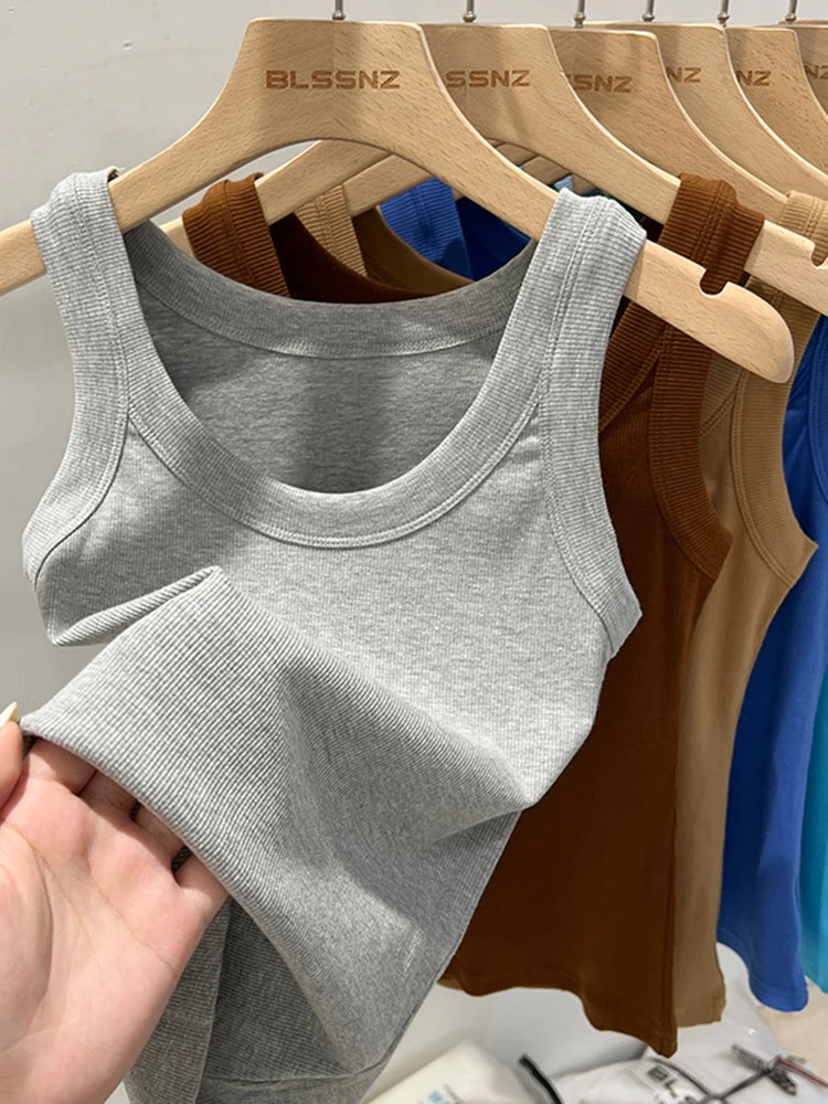 Women’s Ribbed Cotton Tank Top Solid Color Round Neck Camisole, High Stretch Summer Basic O-Neck Sleeveless Casual Top