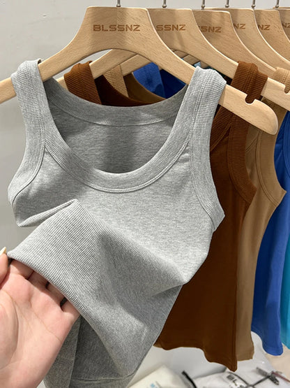 Women’s Ribbed Cotton Tank Top Solid Color Round Neck Camisole, High Stretch Summer Basic O-Neck Sleeveless Casual Top
