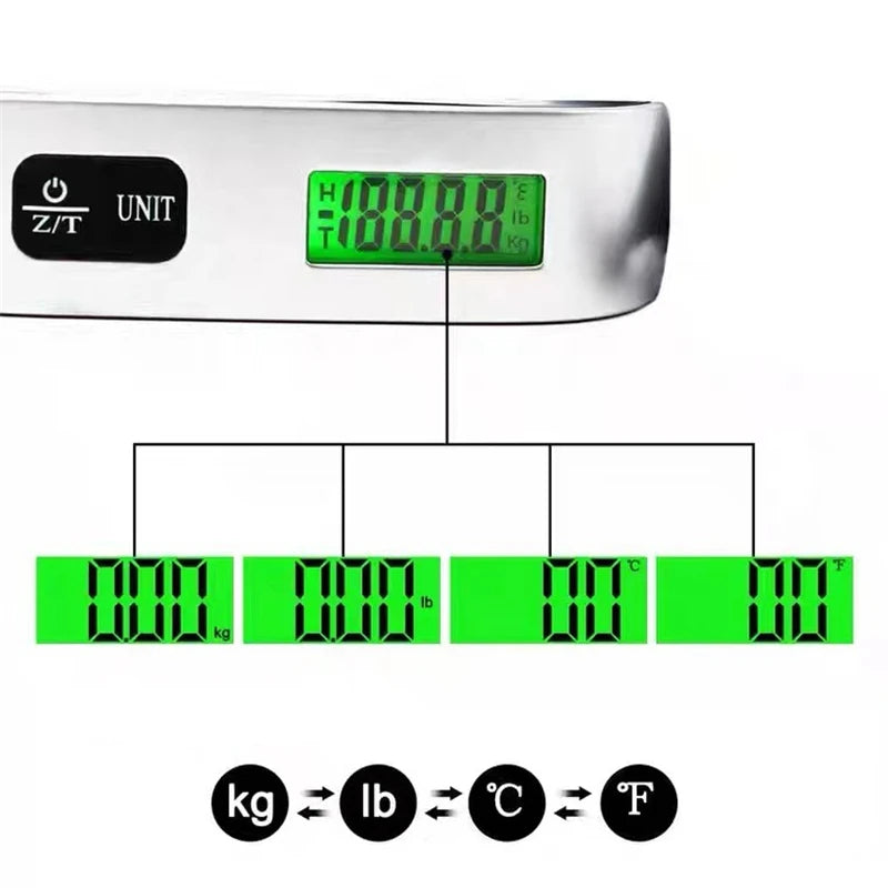 Portable Digital Luggage Scale with LCD Display, 50kg / 110lb Electronic Hanging Suitcase Scale, Travel Baggage Weight Checker with Temperature Display