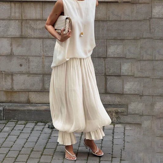 Women’s Apricot Loose Bloomers Pants with Elastic Waist, Sheer Flare Long Trousers, Elegant Autumn Streetwear Casual Wide-Leg Pants