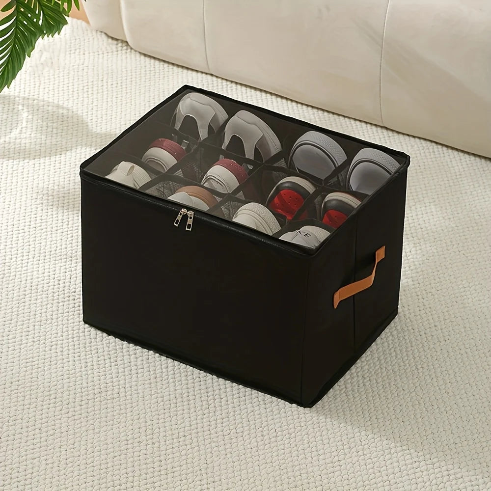 Foldable Shoe Organizer with Lid – Heavy-Duty Oxford Fabric Storage Box with Clear Front Panel