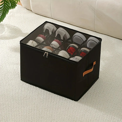 Foldable Shoe Organizer with Lid – Heavy-Duty Oxford Fabric Storage Box with Clear Front Panel