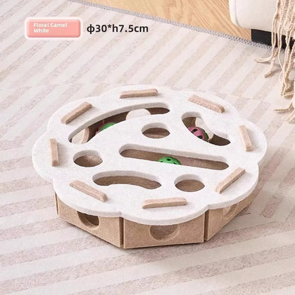 Cat Puzzle Felt Toy Box with Rolling Ball, Interactive Exercise and Hunting Playhouse for Indoor Cats, Multi-Function Scratching and Activity Toy