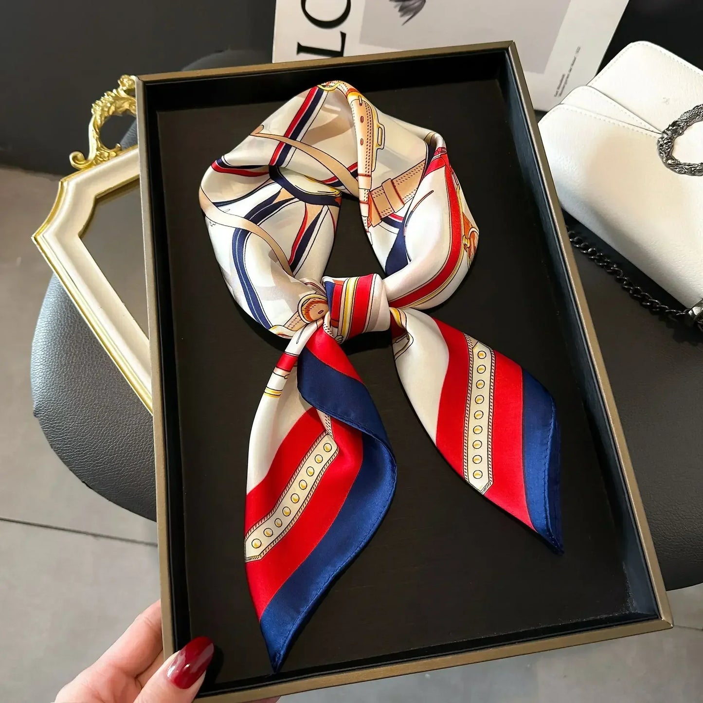 Luxury Printed Silk-Style Square Scarf for Women, Soft Satin Neckerchief Headband and Hair Ribbon, Fashion Hijab and Bag Accessory for Office and Daily Wear