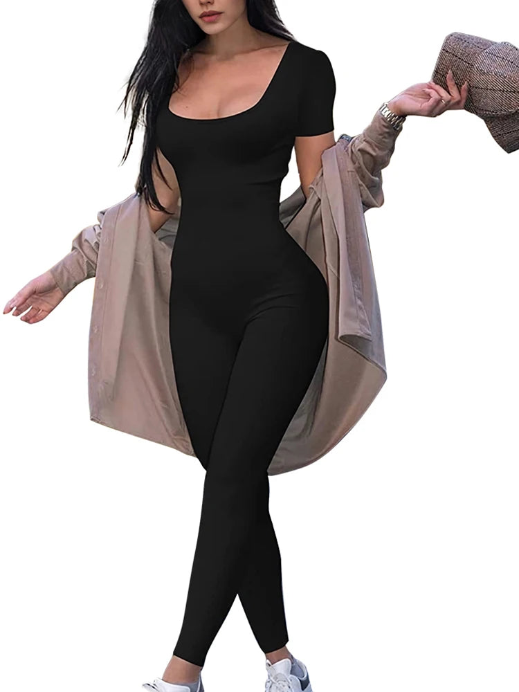 Women’s Short Sleeve Bodycon Romper Jumpsuit, Solid Color Skinny Fit One-Piece Playsuit for Fitness, Casual Wear, and Streetwear