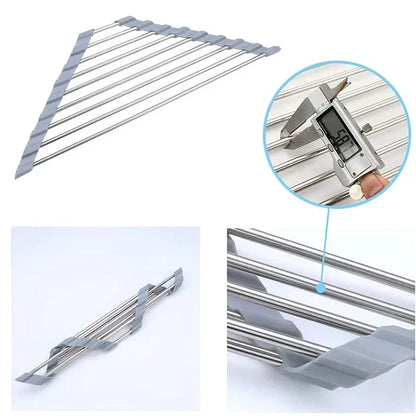 Roll-Up Triangle Dish Drying Rack – Foldable Stainless Steel Sink Corner Organizer for Sponge & Rag