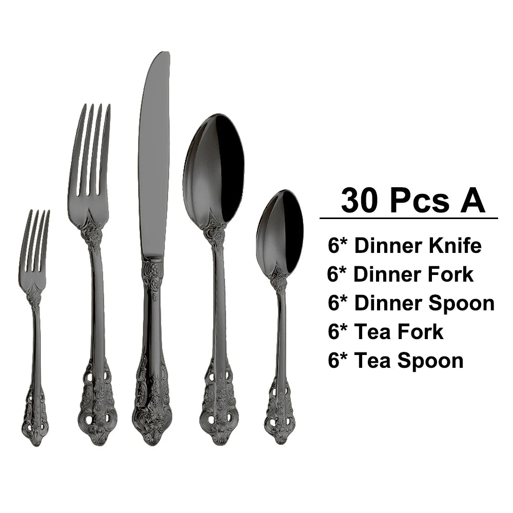 20/30PCS Luxury Gold & Silver Cutlery Set, Vintage Stainless Steel Flatware with Engraved Forks, Spoons & Knives