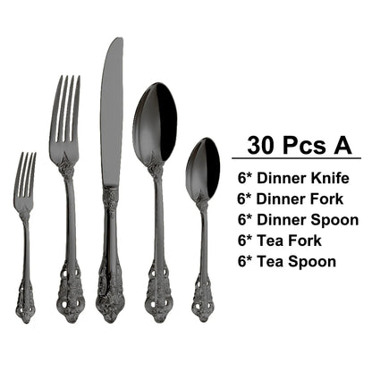 20/30PCS Luxury Gold & Silver Cutlery Set, Vintage Stainless Steel Flatware with Engraved Forks, Spoons & Knives