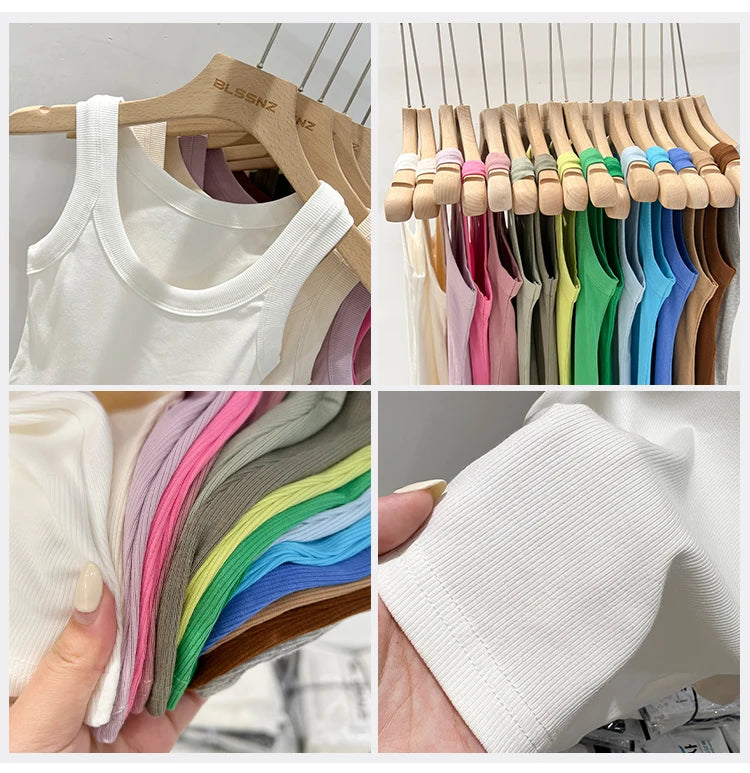 Women’s Ribbed Cotton Tank Top Solid Color Round Neck Camisole, High Stretch Summer Basic O-Neck Sleeveless Casual Top