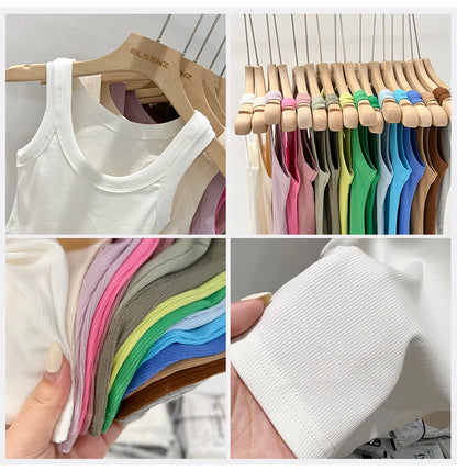 Women’s Ribbed Cotton Tank Top Solid Color Round Neck Camisole, High Stretch Summer Basic O-Neck Sleeveless Casual Top