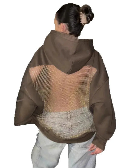 Streetwear Fashion Hoodie Woman's Sexy Solid See Through Backless Sweatshirt Autumn Winter Ladies Lace Splicing Fleece Pullover