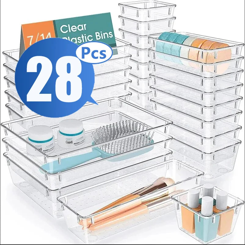 Drawer Organizers Set, Clear Plastic Desk Dividers & Storage Bins for Bedroom Dresser, Office, Makeup, Jewelry & Gadgets