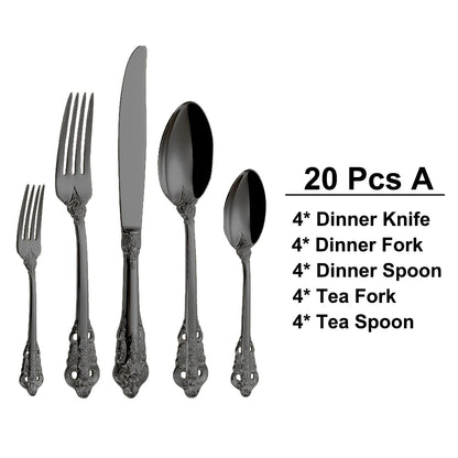 20/30PCS Luxury Gold & Silver Cutlery Set, Vintage Stainless Steel Flatware with Engraved Forks, Spoons & Knives