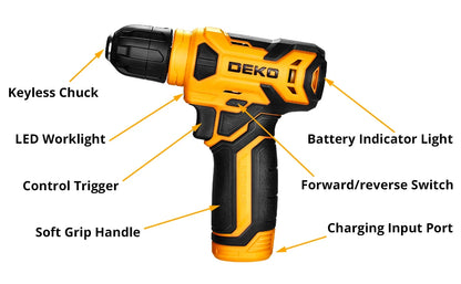 DEKO 126Pcs Power Tool Combo Kits with 8V Cordless Drill,10MM 3/8'' Keyless Chuck,Professional Home Household DIY Hand Tool Kits