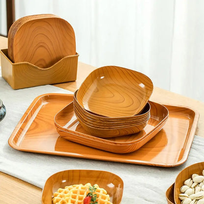Japanese Style Imitation Wood Grain Square Plate, Simple Kitchen Tableware Dish for Dinner & Serving