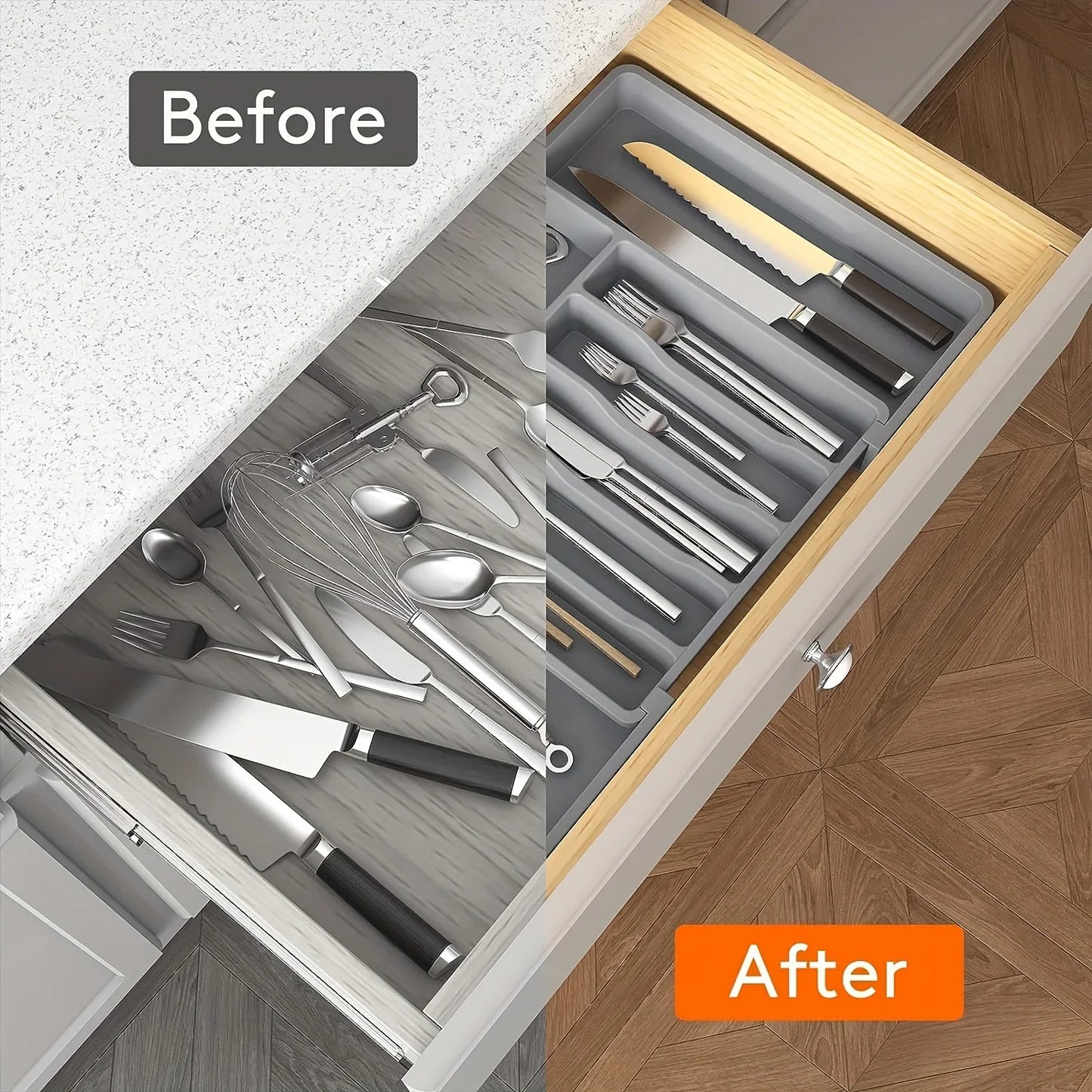 Expandable Kitchen Drawer Organizer – Adjustable Retractable Cutlery Storage Box with Dividers