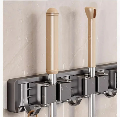 Aluminum Mop Holder Wall Mounted – Adjustable Broom & Mop Organizer Rack with Hooks and Strong Adhesive