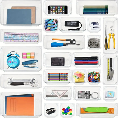 Drawer Organizers Set, Clear Plastic Desk Dividers & Storage Bins for Bedroom Dresser, Office, Makeup, Jewelry & Gadgets