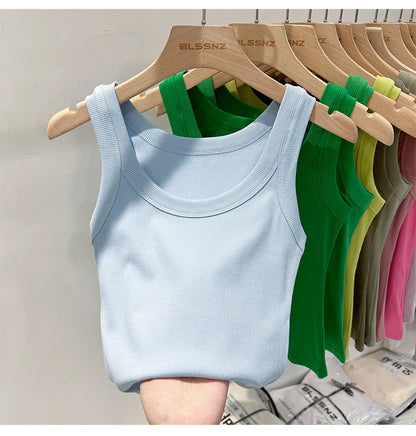 Women’s Ribbed Cotton Tank Top Solid Color Round Neck Camisole, High Stretch Summer Basic O-Neck Sleeveless Casual Top