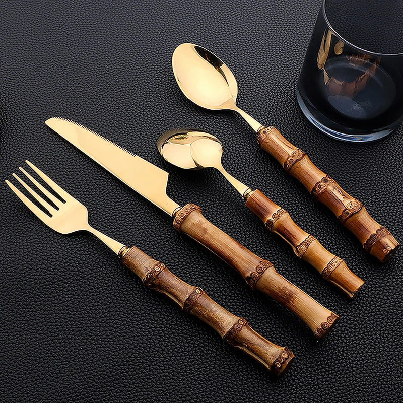 24PCS Bamboo Cutlery Set, Stainless Steel Flatware with Natural Bamboo Handles for Dinner & Steak