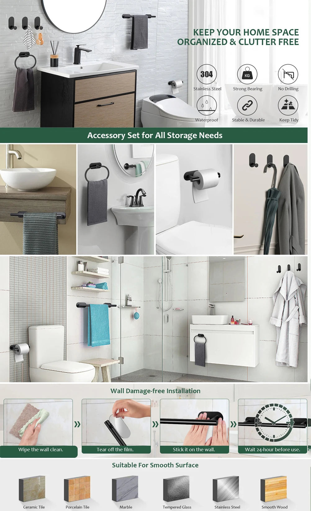 No-Drill Stainless Steel Bathroom Accessories Set, Self-Adhesive Towel Bar, Paper Holder, Towel Ring & Robe Hook