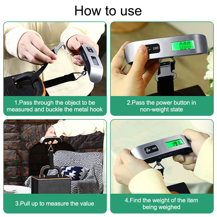 Portable Digital Luggage Scale with LCD Display, 50kg / 110lb Electronic Hanging Suitcase Scale, Travel Baggage Weight Checker with Temperature Display