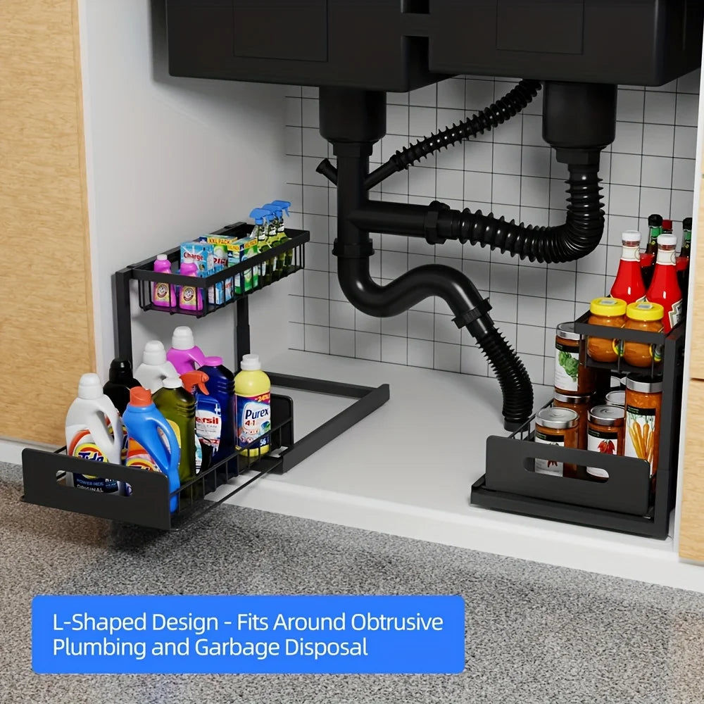 2-Tier Sliding Under Sink Organizer – Rustproof Metal Storage Rack for Kitchen & Bathroom Cabinets