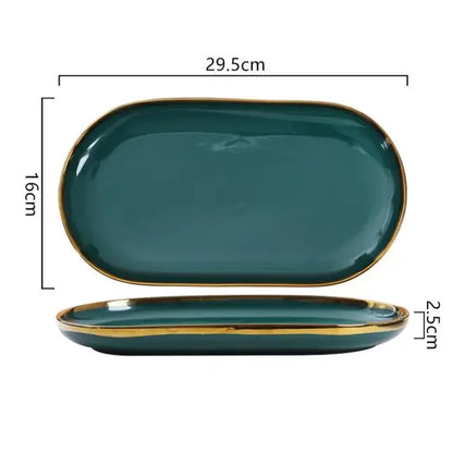 Luxury Green Ceramic Dinnerware Set with Gold Rim, Porcelain Plates & Bowls for Dessert, Salad & Soup