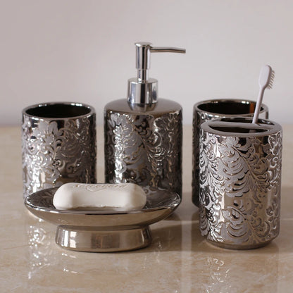 Silver Ceramic 5-Piece Bathroom Accessory Set, Soap Dispenser, Gargle Cup, Soap Dish & Toothbrush Holder Toiletry Set