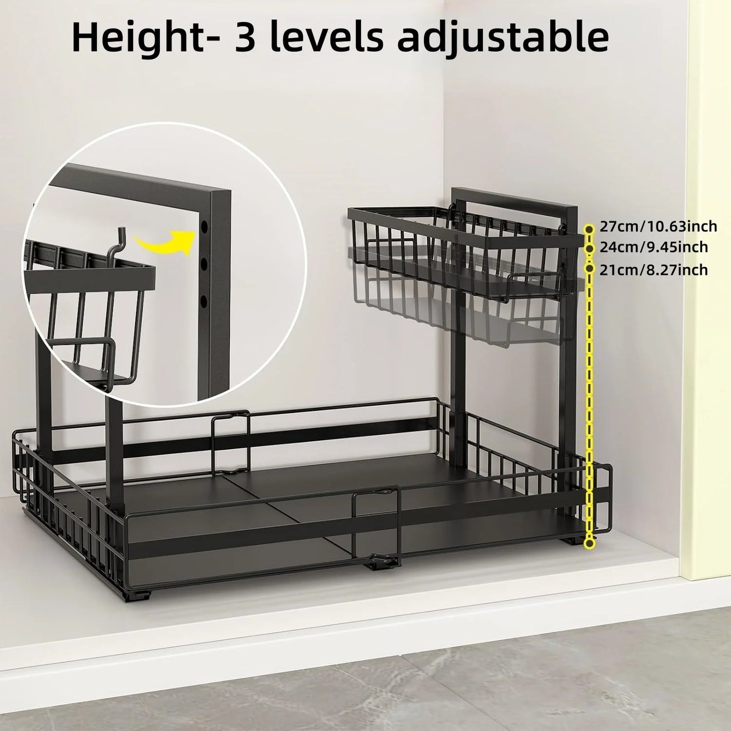 2-Tier Expandable Under Sink Organizer – Adjustable Metal Storage Shelf for Kitchen & Bathroom (Black)
