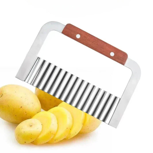 Stainless Steel Wave Knife with Wooden Handle – Wolf Tooth Potato Cutter Crinkle Knife Potato Chip Chopper Kitchen Tool
