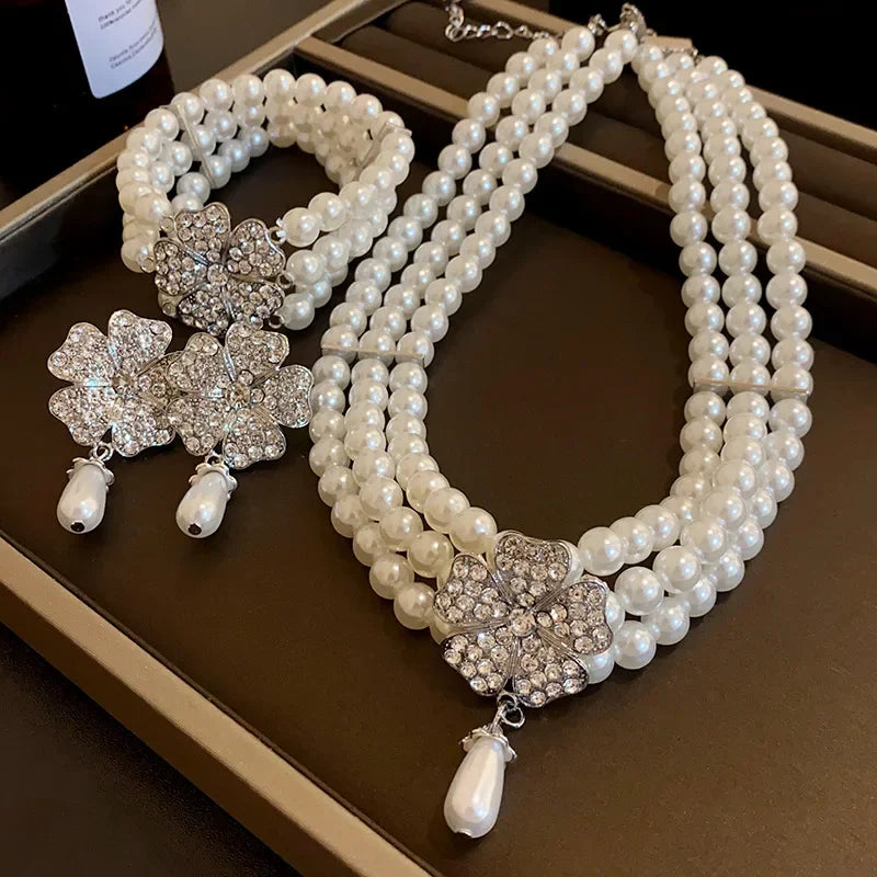 Flower Party Jewelry Set for Women with Imitation Pearl Multi-Layer Necklace, Rhinestone Bracelet and Earrings, French Luxury Shiny Accessory Set for Weddings and Events