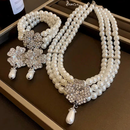 Flower Party Jewelry Set for Women with Imitation Pearl Multi-Layer Necklace, Rhinestone Bracelet and Earrings, French Luxury Shiny Accessory Set for Weddings and Events