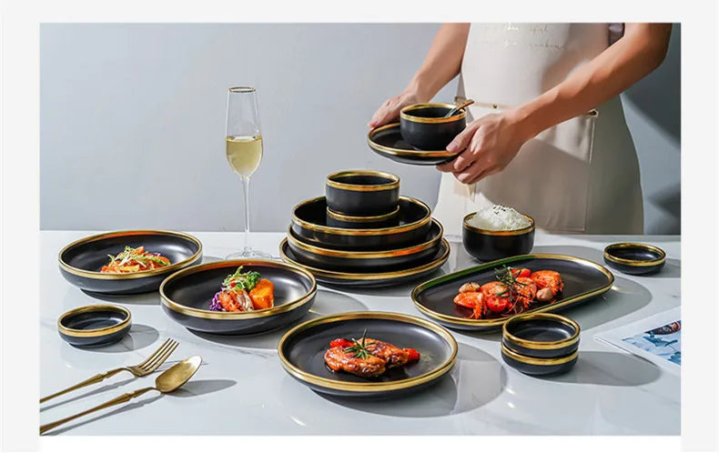 Black Porcelain Dinnerware Set with Gold Rim, Ceramic Plates, Bowls & Cutlery for Home & Restaurant Use