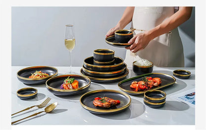 Black Porcelain Dinnerware Set with Gold Rim, Ceramic Plates, Bowls & Cutlery for Home & Restaurant Use