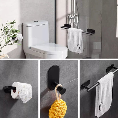 No-Drill Stainless Steel Bathroom Accessories Set, Self-Adhesive Towel Bar, Paper Holder, Towel Ring & Robe Hook