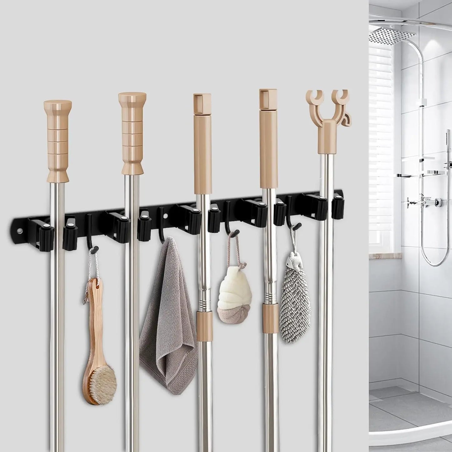 Wall Mount Broom Holder – Stainless Steel Mop & Broom Organizer with 5 Racks and 4 Hooks for Garage & Laundry Room