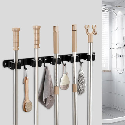 Wall Mount Broom Holder – Stainless Steel Mop & Broom Organizer with 5 Racks and 4 Hooks for Garage & Laundry Room