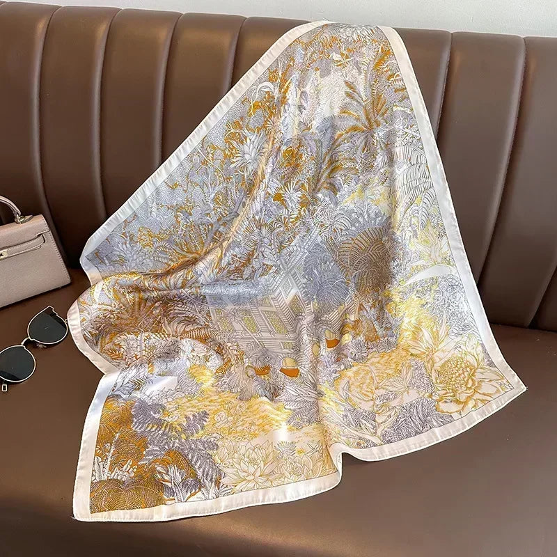 Luxury Printed Silk-Style Square Scarf for Women, Soft Satin Neckerchief Headband and Hair Ribbon, Fashion Hijab and Bag Accessory for Office and Daily Wear
