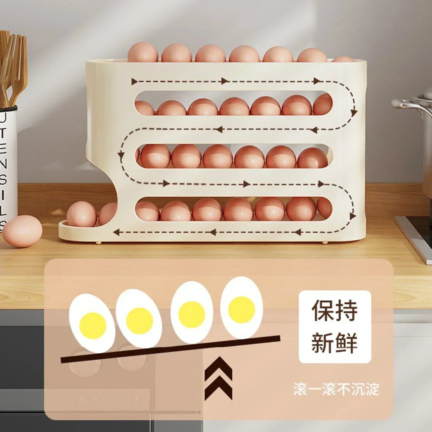 Automatic Rolling Egg Storage Box, 2–4 Layer Slide Egg Organizer for Refrigerator & Countertop