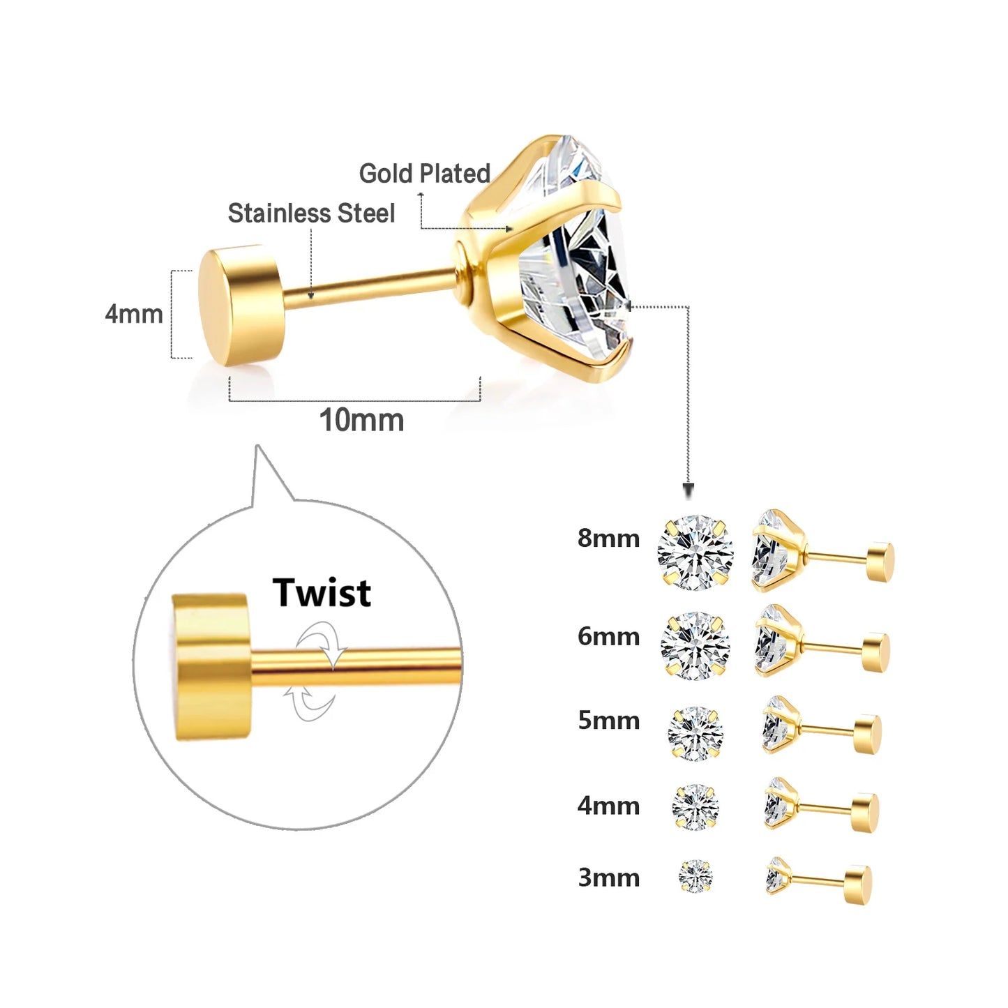 LUXUSTEEL Stainless Steel Crystal Stud Earrings for Men and Women, Round Clear Cubic Zirconia 4-Prong Tragus and Lobe Jewelry, 1 Pair (2 Pieces)