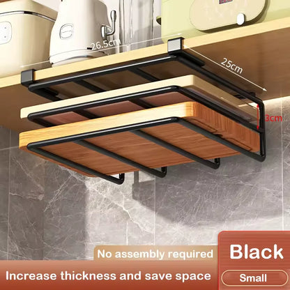 Under Cabinet Kitchen Hanging Organizer Rack with Hooks, Paper Towel, Cutting Board & Pot Lid Holder