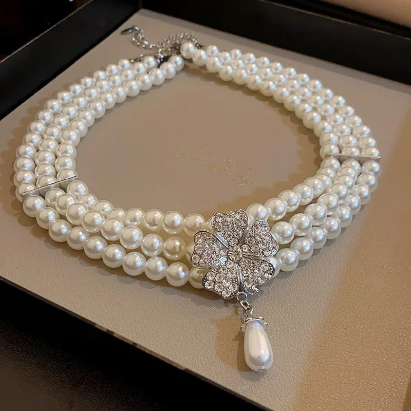 Flower Party Jewelry Set for Women with Imitation Pearl Multi-Layer Necklace, Rhinestone Bracelet and Earrings, French Luxury Shiny Accessory Set for Weddings and Events