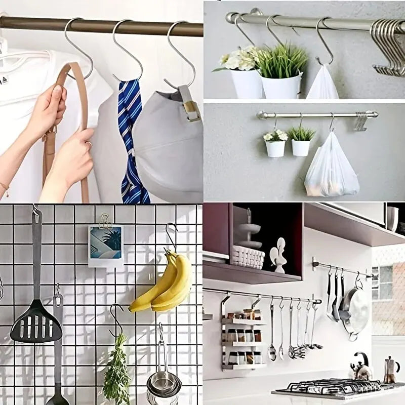 10Pcs Stainless Steel S-Shaped Hooks – Multi-Functional Metal Hanging Hooks for Kitchen & Bathroom
