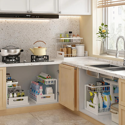 2-Tier Sliding Under Sink Organizer – Rustproof Metal Storage Rack for Kitchen & Bathroom Cabinets
